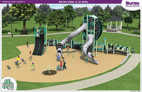Artist rendering of new playground equipment for Bryan Park at Henderson Street