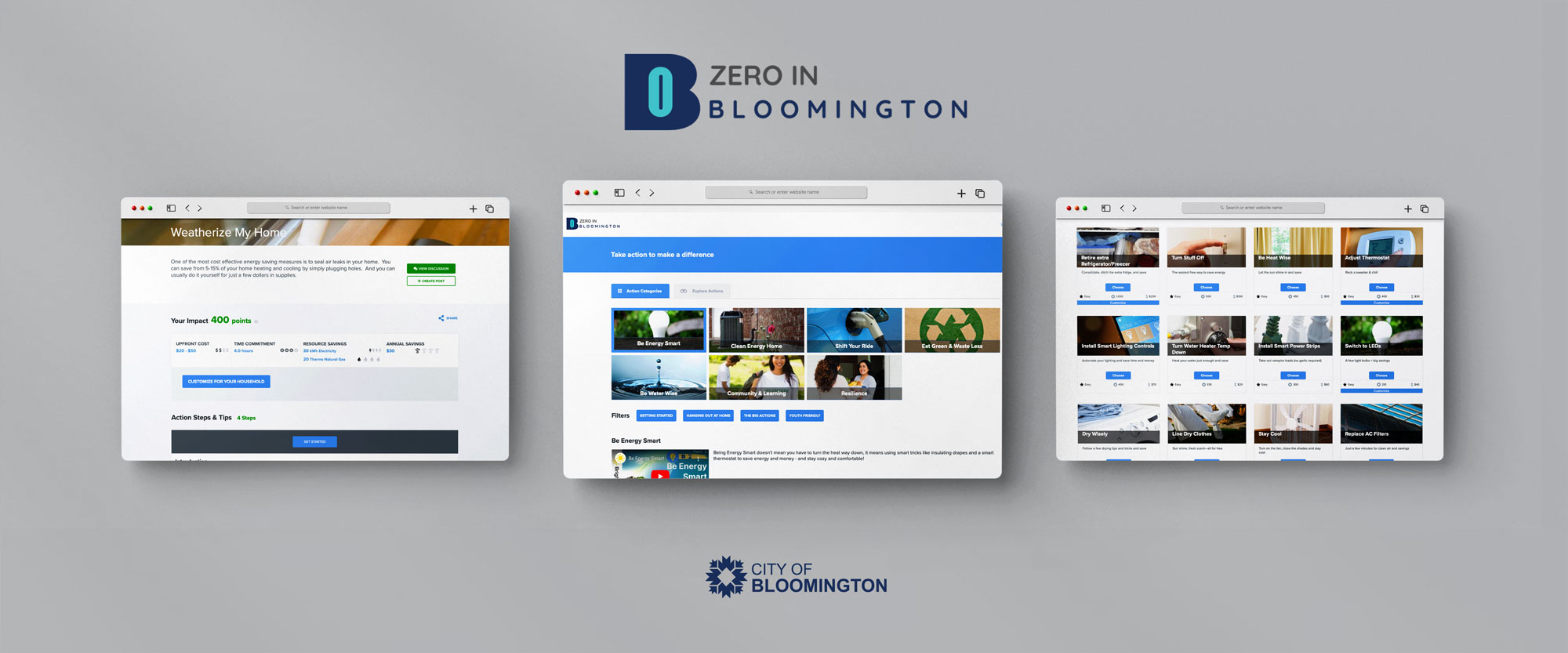 Three screenshots of Zero in Bloomington website on light gray background.