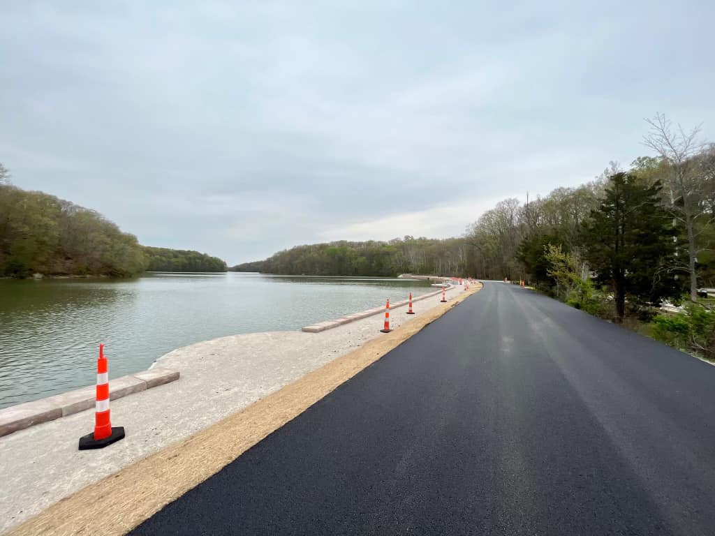 Photo of new asphalt on Headley Road along Griffy Lake causeway.