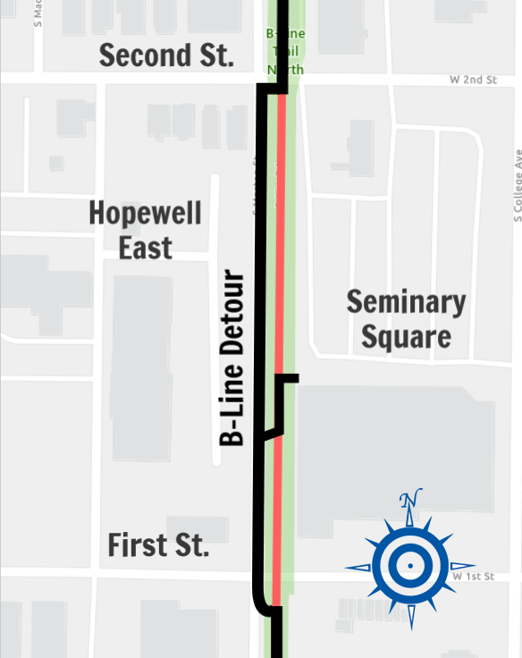 B-Line Trail detour between First and Second Streets beginning Oct. 4, 2024.