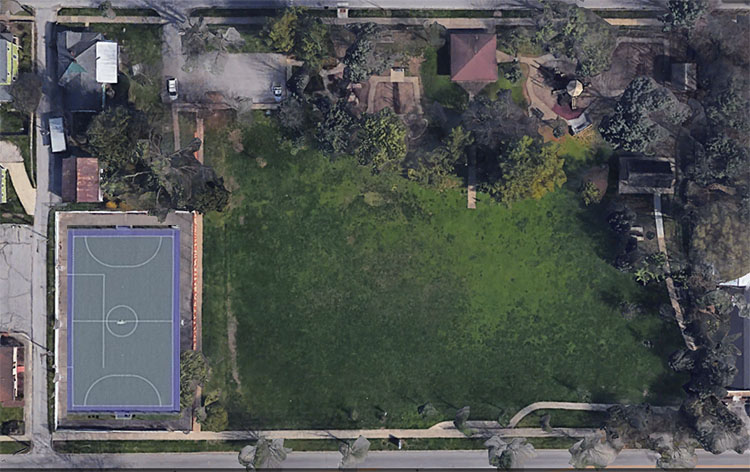 Aerial view of Futsal court superimposed on existing basketball court at Building Trades Park