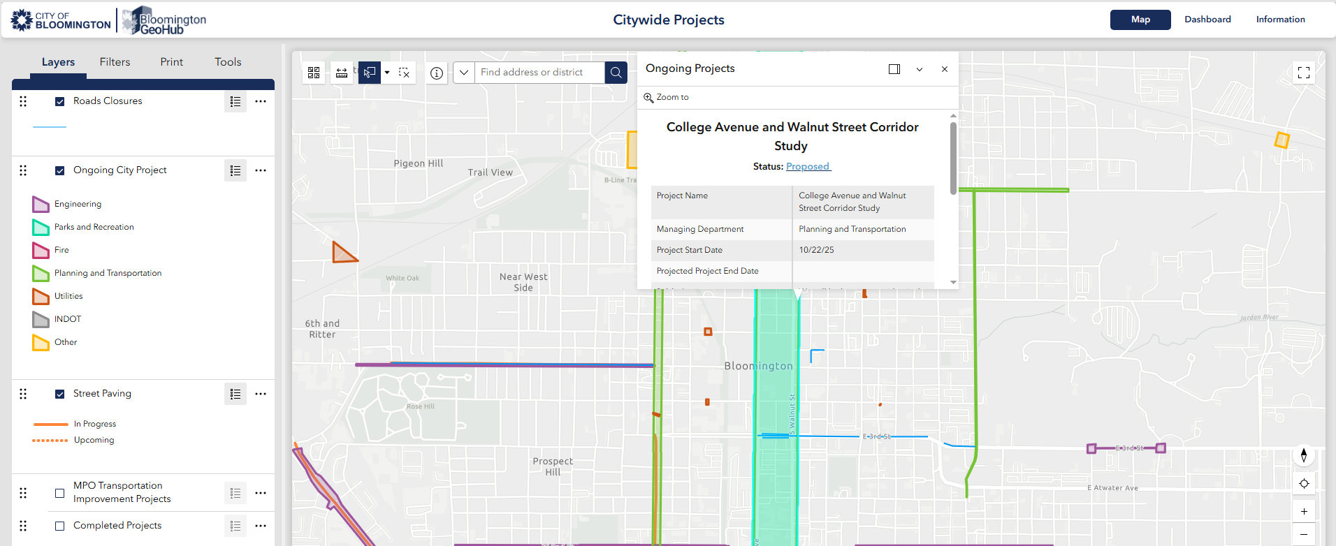 Screenshot of the Citywide Projects map viewer with a project selected for demonstrative purposes. 