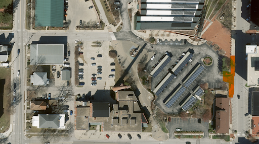 aerial map of Bloomington City Hall showing area of Morton St entrance and sidewalk that will be closed