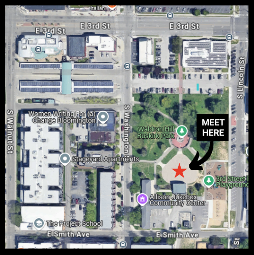 map of a park with a red star and an arrow indicating "meet here"