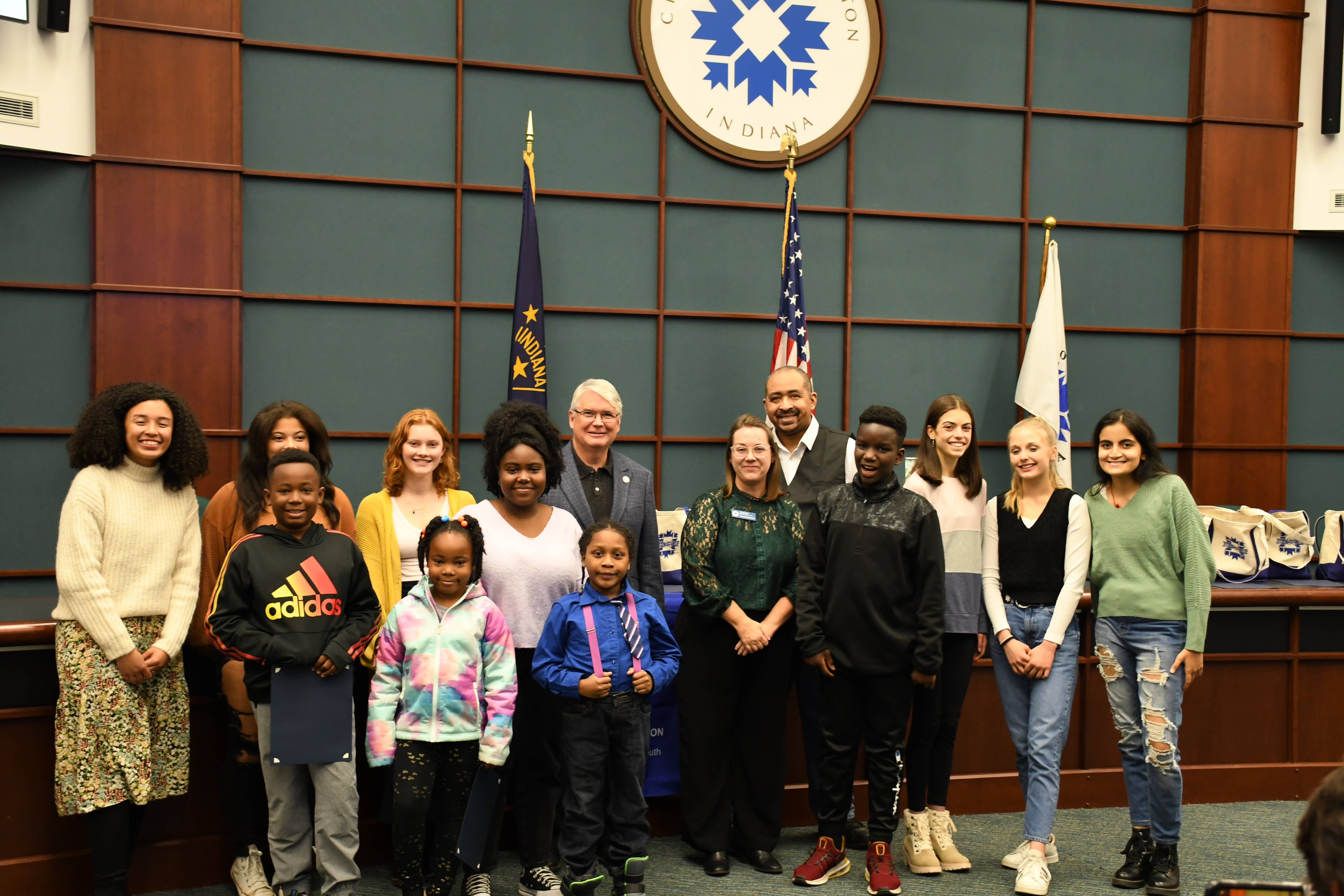 City of Bloomington Commission on the Status of Children and Youth Co-chairs Isadore Torry and Katie Rodriguez, Mayor John Hamilton, and this year's winners.