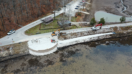 Drone view of Griffy Lake Accessible Fishing Pier construction, December 2021
