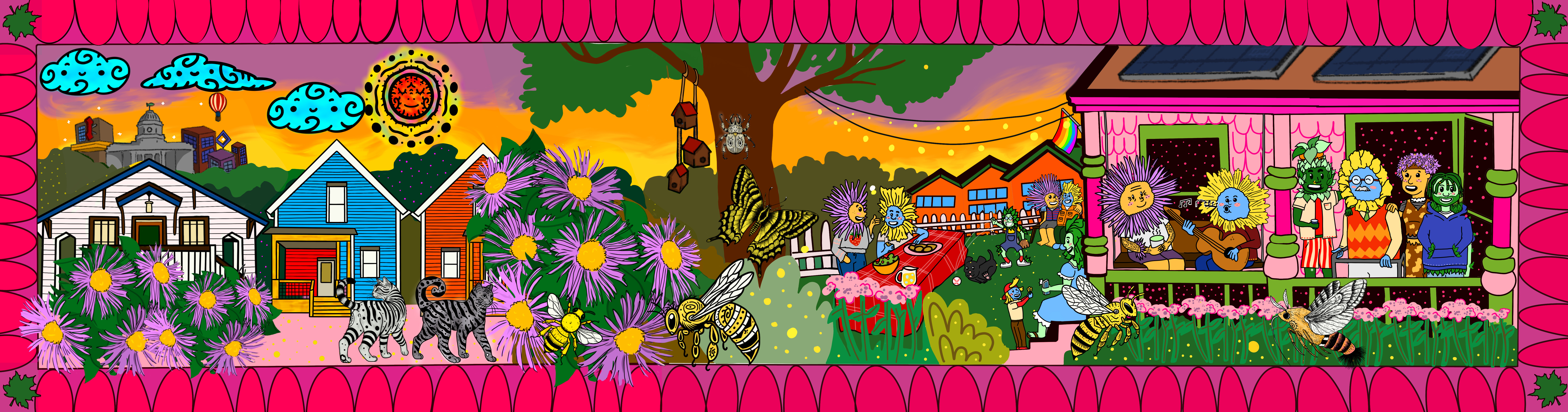 A bright and colorful mural depicting native plants, insects, cats and a porch party scene.