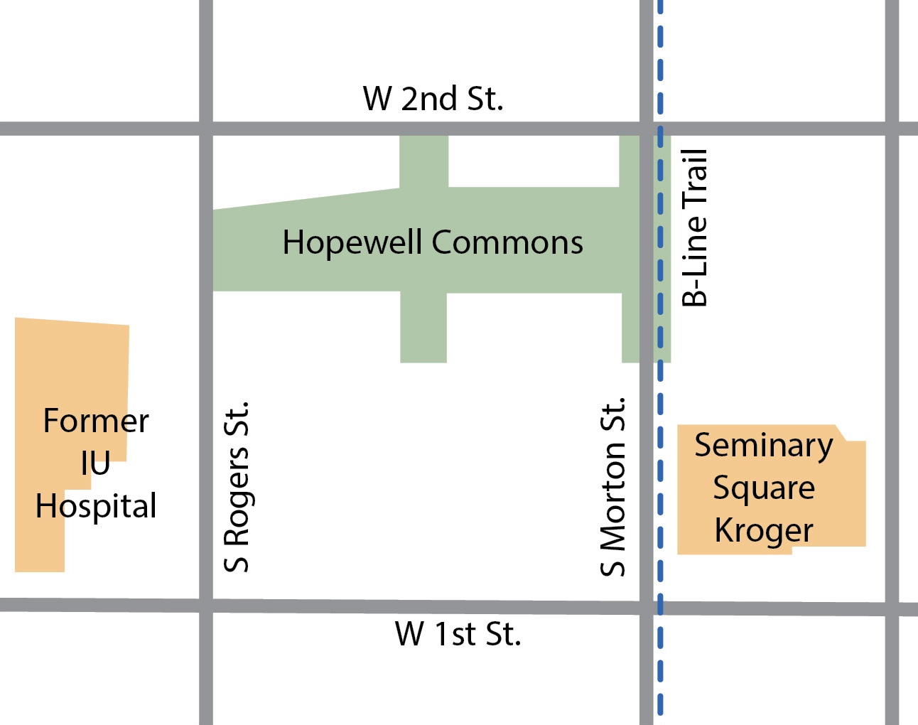 Street map showing location of Hopewell Commons between Second and First Streets