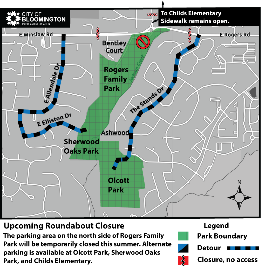 Map of driving routes to Sherwood Oaks and Olcott Parks during closure of the Winslow-High-Rogers roundabout