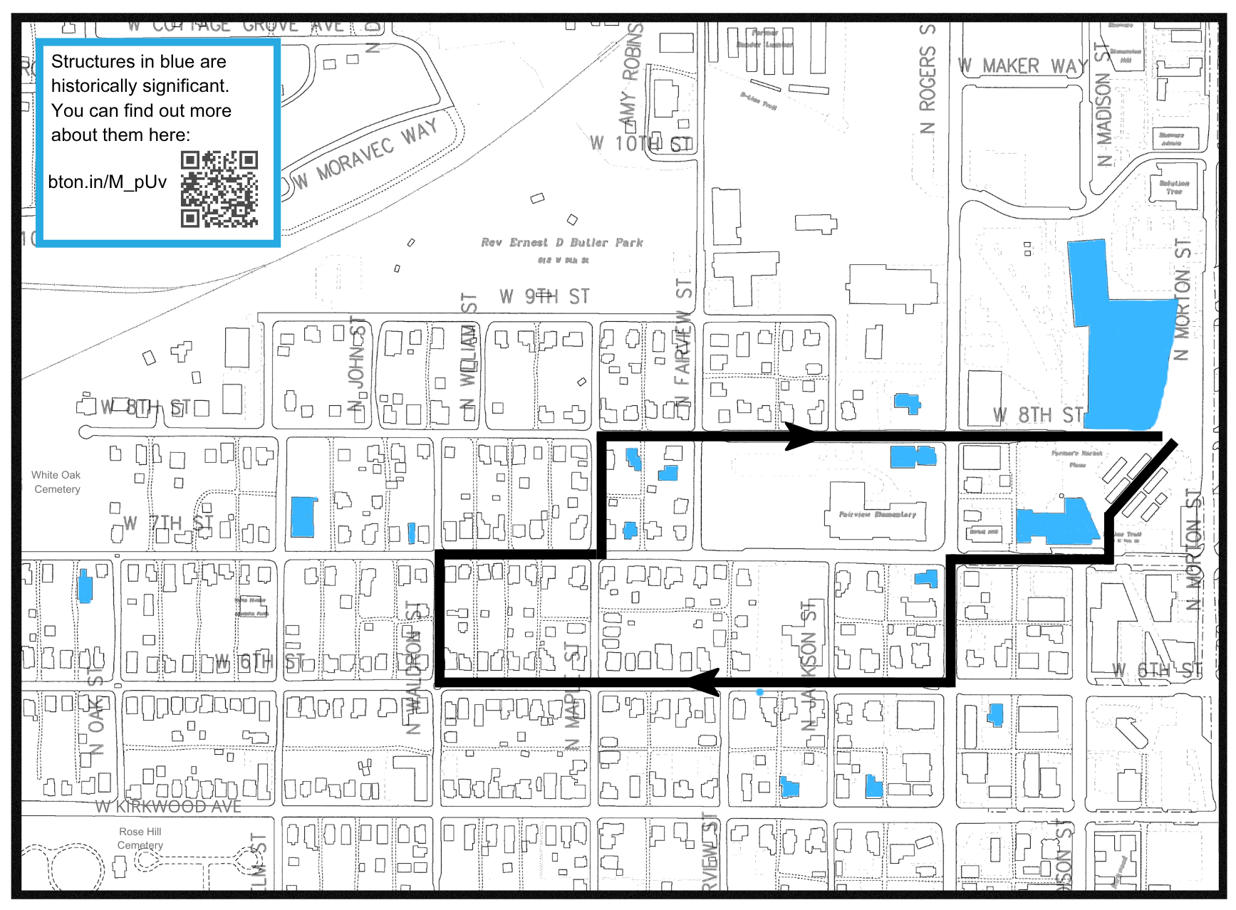 Map depicting HAND's walking tour route through the Near West Side neighborhood.