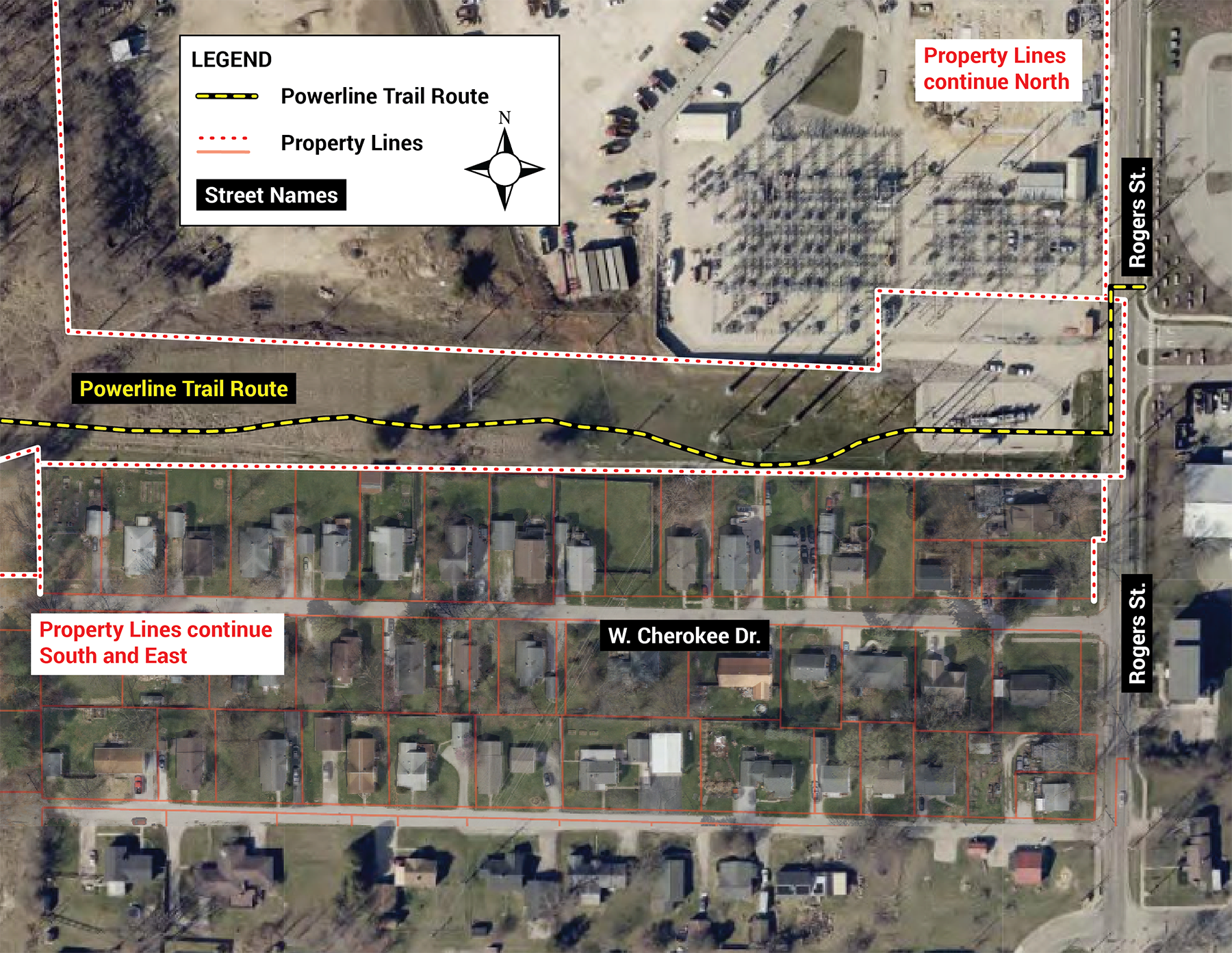 Map showing the planned route of the Powerline Trail