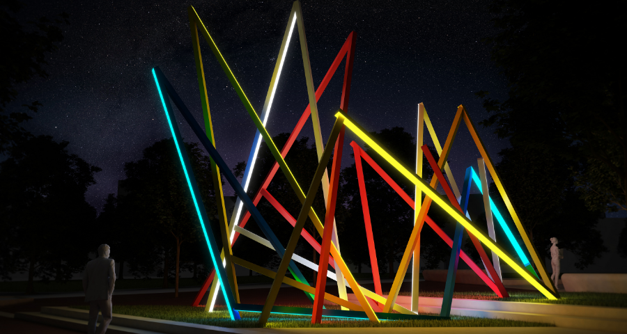 multicolored sticks point into a night sky
