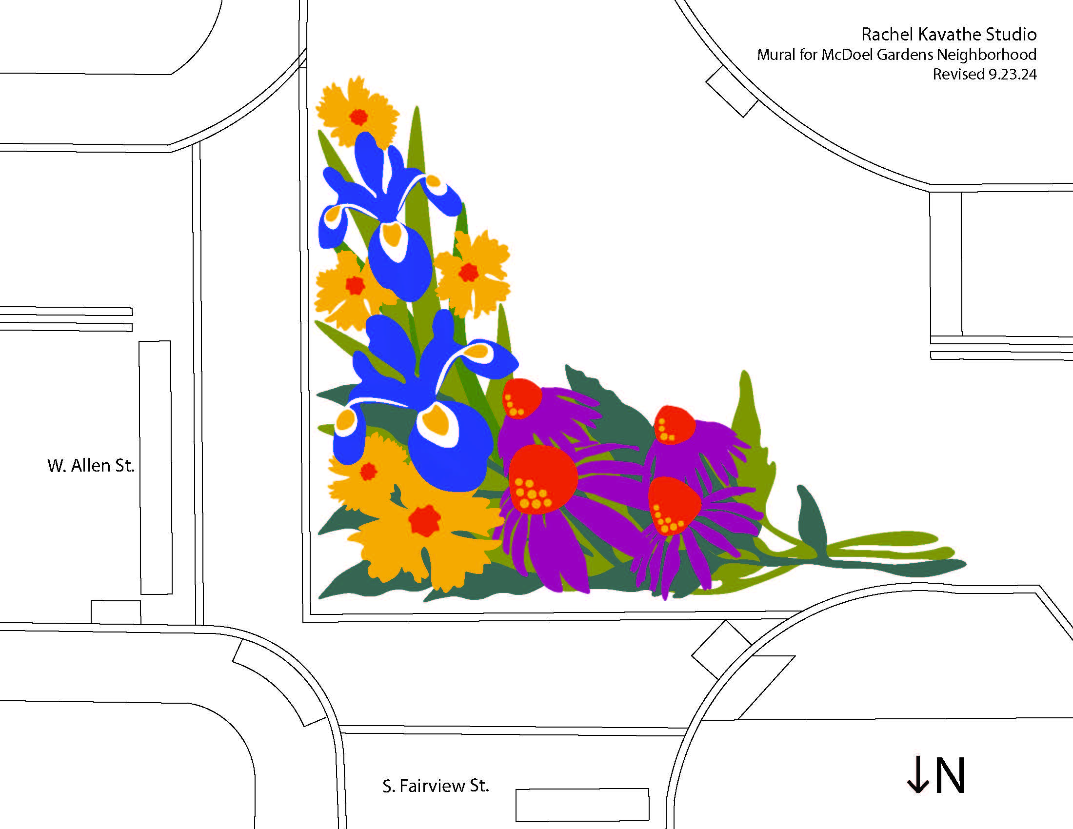 colorful flower mural in intersection of allen and fairview streets