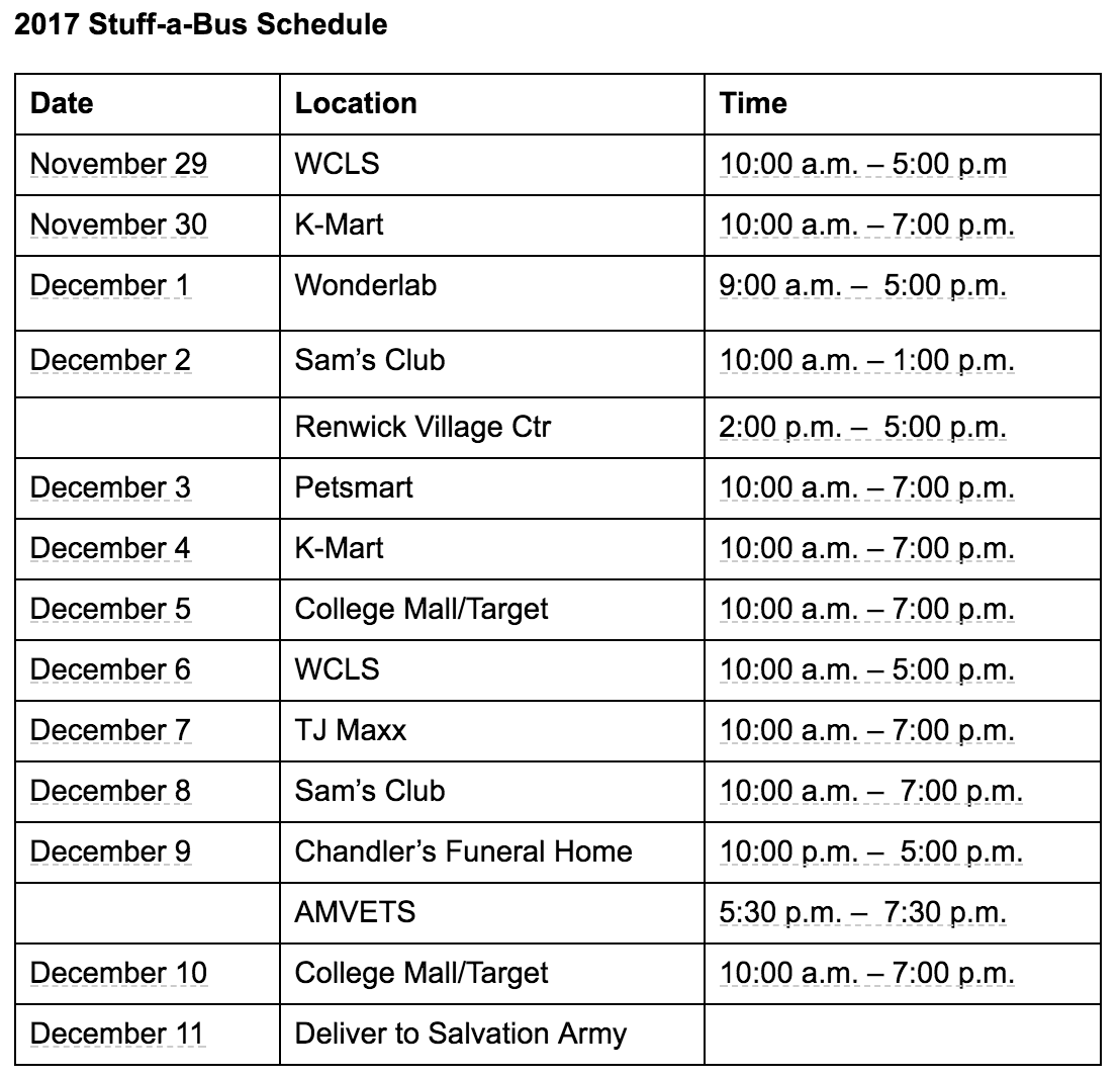 Stuff A Bus Schedule 2017