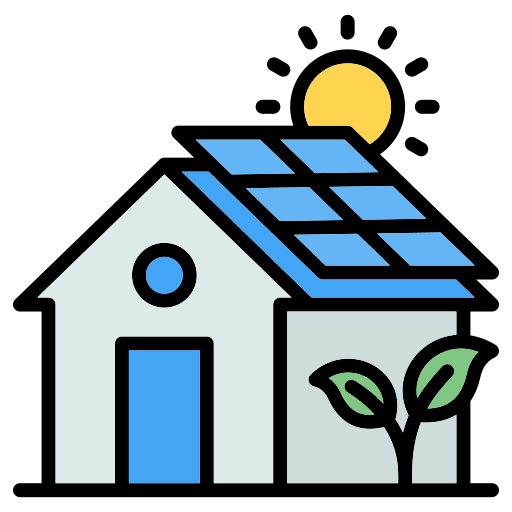 A house with solar panels on the roof, a sun behind the panels, and a plant next to the house.