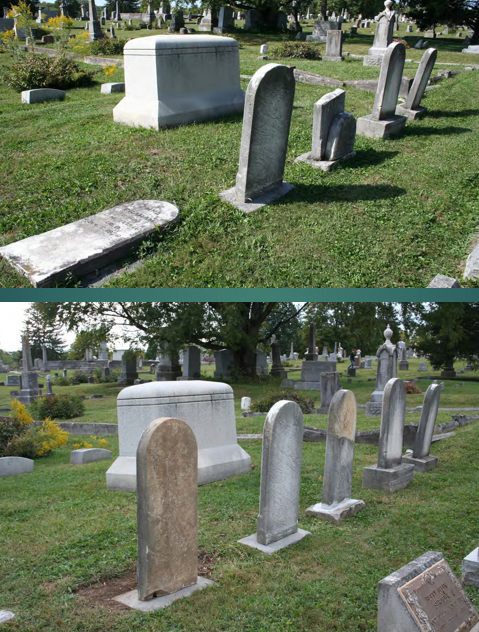 before and after of broken and repairs row of headstones in Rose Hill Cemetery