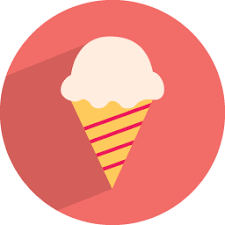 Ice cream cone with scoop of vanilla ice cream set on a red circular background