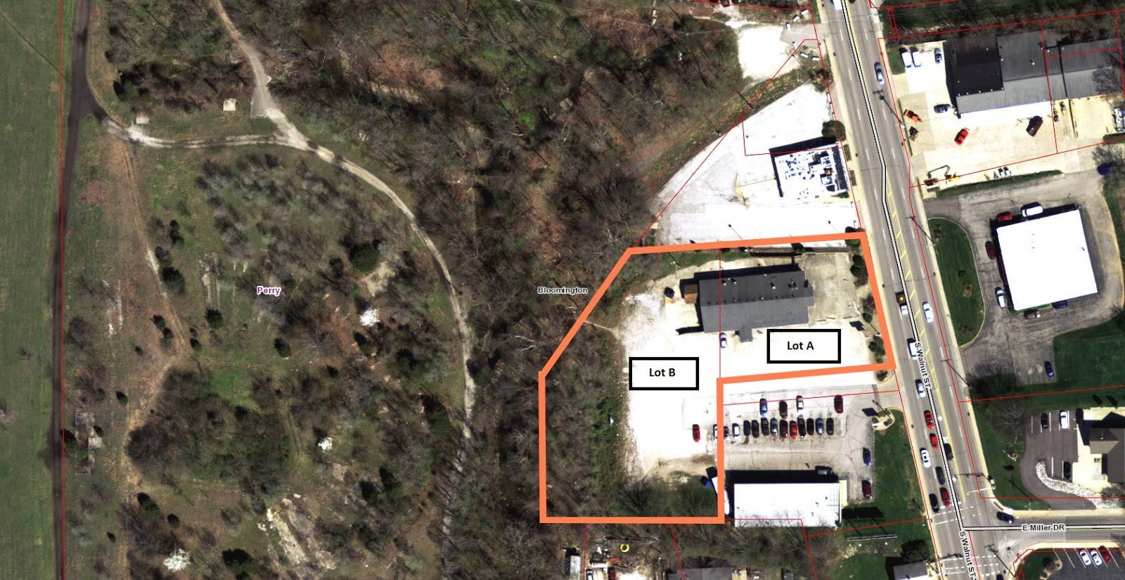 The parcel for development at 1730 South Walnut Street is outlined in orange.