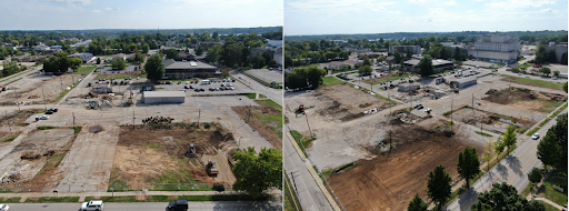 Aerial drone photo showing the development site during demolition. The left photo is looking south from the intersection of 2nd and Madison Street, there is a bulldozer and sheepsfoot roller preparing the exposed earth and an excavator demolishing a warehouse. The right photo is looking southwest from the intersection of 2nd and Morton Street, there is a cleared site with exposed earth and the same equipment as the left photo working in the middle ground, the legacy hospital is shown in the background. 