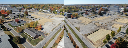 Aerial drone photo showing the completed demolition work. The left photo is looking northwest from the intersection of 1st and Morton Street, showing a red brick office building with the site covered in straw in the background. The right photo is looking southwest from the intersection of 2nd and Morton Street, the site is covered in straw with black silt fence surrounding it, and the legacy hospital can be seen in the background. 