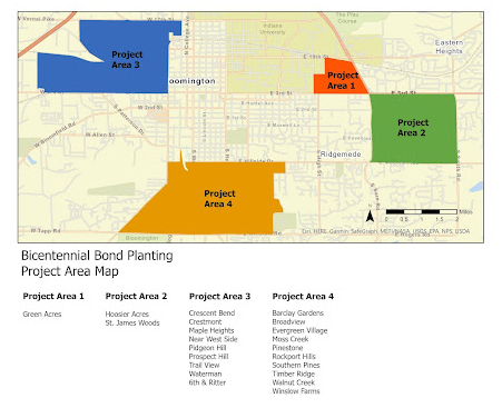 A map of Bloomington shows the four Bicentennial Bond planting project areas, each identified by a different color. Project Area 1 is the smallest and noted in orange in the NE part of the map bordered by 10th, 3rd, and the Bypass; Project Area 2 is green and in the E area of the map bordered by 3rd, Smith, and Hillside; Project Area 3 is blue and in the NW area of the map bordered by 3rd, 17th, and Rogers; and Project Area 4 is yellow and in the S area of the map bordered by Hillside and Winslow/Tapp and both bordered by and crossing Rogers in its irregular shape. 