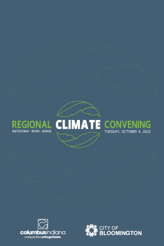 Climate Convening logo on a dark gra blue background with the logos of Columbus and Bloomington