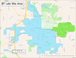A map of Bloomington featuring the BT Late Nite service area overlaid in blue. 