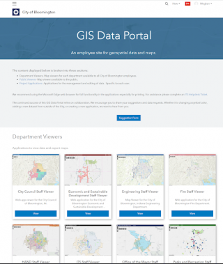 A screenshot image of the City of Bloomington GIS Portal, showing Department Viewers for different GIS uses