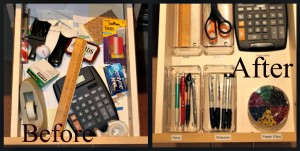 A set of photos showing a messy drawer in the ITS department before and after 5S organization