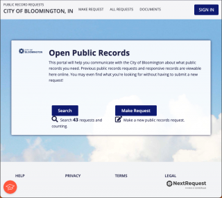 A web screenshot of the City of Bloomington NextRequest portal, where users can make and search for FOIA requests