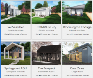A screenshot image of the City of Bloomington ADU resource website, showing various model ADUs