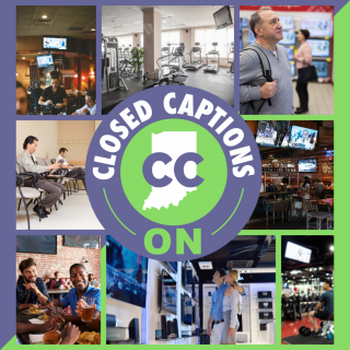 "Closed captions on" logo with stock images of people looking at televisions in public spaces