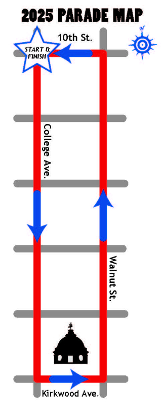 Map of downtown Bloomington, Ind. showing route for the Fourth of July Parade