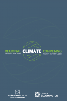 Climate Convening logo on a dark gra blue background with the logos of Columbus and Bloomington