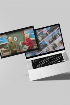 Mockup of a laptop with an image displayed and an image of a video player hovering over laptop